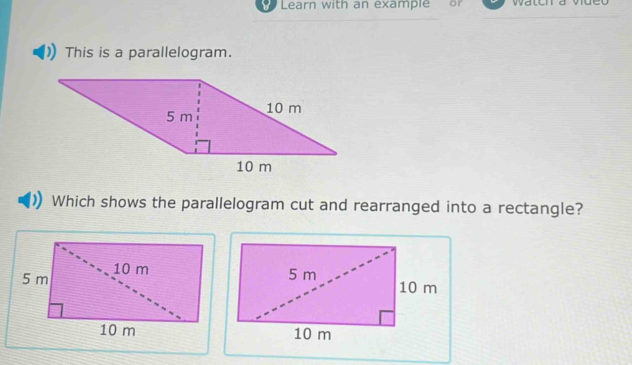 this is a parallelogram. which shows the parallelogram cut and rearranged into a rectangle?