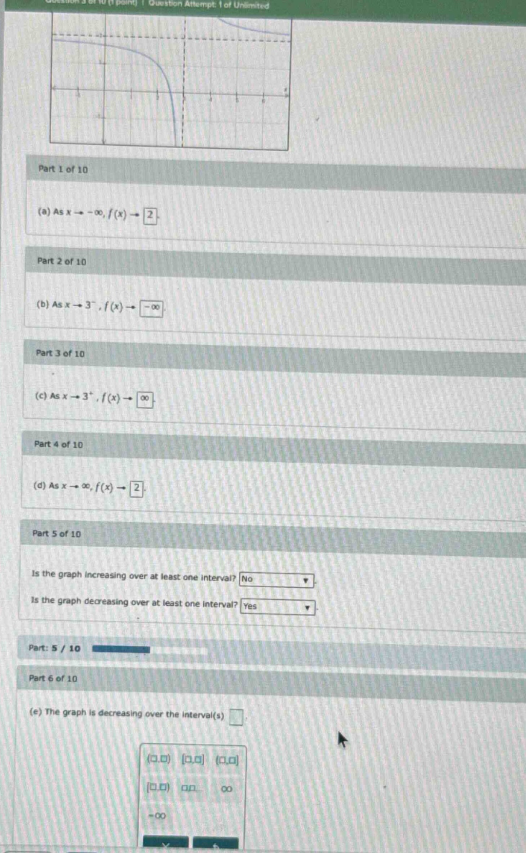 question 3 of 10 (1 point) | question attempt 1 of unlimited part 1 of 10 (a) as x→−∞,f(x)→2. part 2 of 10 (b) as x→3−,f(x)→−∞. part 3 of 10 (c) as x→3+,f(x)→∞. part 4 of 10 (d) as x→∞,f(x)→2. part 5 of 10 is the graph increasing over at least one interval? no is the graph decreasing over at least one interval? yes part: 5 / 10 part 6 of 10 (e) the graph is decreasing over the interval(s)