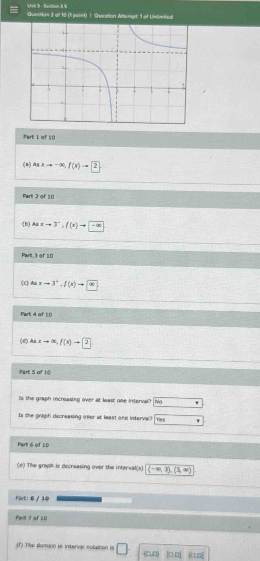 unit 3 - section 3.5 question 3 of 10 (1 point) | question attempt: 1 of unlimited part 1 of 10 (a) as x→−∞,f(x)→2. part 2 of 10 (b) as x→3−,f(x)→−∞. part 3 of 10 (c) as x→3+,f(x)→∞. part 4 of 10 (d) as x→∞,f(x)→2. part 5 of 10 is the graph increasing over at least one interval? no is the graph decreasing over at least one interval? yes part 6 of 10 (e) the graph is decreasing over the interval(s) (−∞,3),(3,∞). part: 6 / 10 part 7 of 10 (f) the domain in interval notation is (□,□) □,□ (□,□