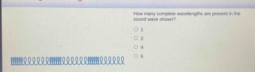 how many complete wavelengths are present in the sound wave shown?\n1\n2\n4\n6