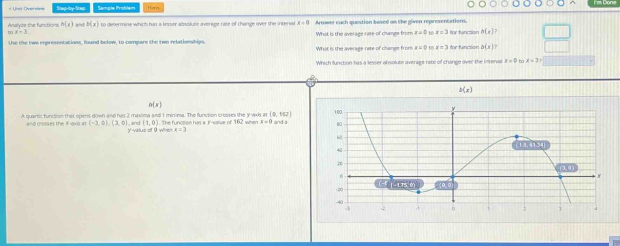 analyze the functions h(x) and b(x) to determine which has a lesser absolute average rate of change over the interval x = 0 to x = 3. use the two representations, found below, to compare the two relationships. answer each question based on the given representations. what is the average rate of change from x = 0 to x = 3 for function h(x)? what is the average rate of change from x = 0 to x = 3 for function b(x)? which function has a lesser absolute average rate of change over the interval x = 0 to x = 3? h(x) a quartic function that opens down and has 2 maxima and 1 minima. the function crosses the y - axis at (0, 162) and crosses the x - axis at (-3, 0), (3, 0), and (1, 0). the function has a y - value of 162 when x = 0 and a y - value of 0 when x = 3