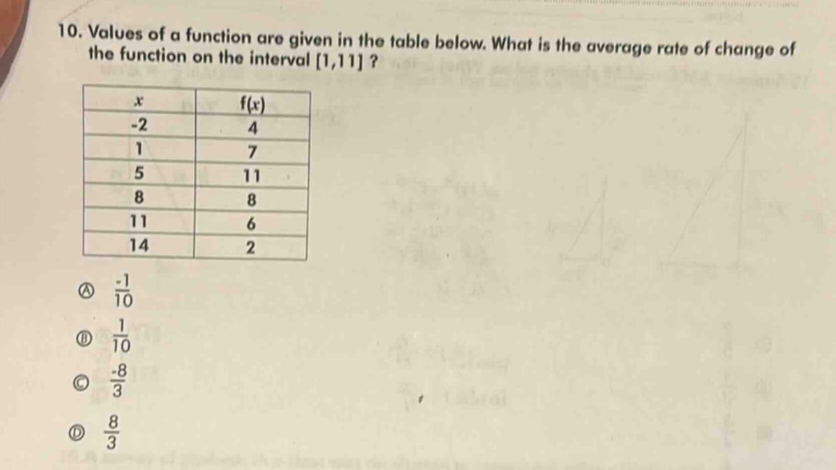 10. values of a function are given in the table below. what is the average rate of change of the function on the interval 1,11?\n| x | f(x) |\n| -2 | 4 |\n| 1 | 7 |\n| 5 | 11 |\n| 8 | 8 |\n| 11 | 6 |\n| 14 | 2 |\na -1/10\nb 1/10\nc -8/3\nd 8/3