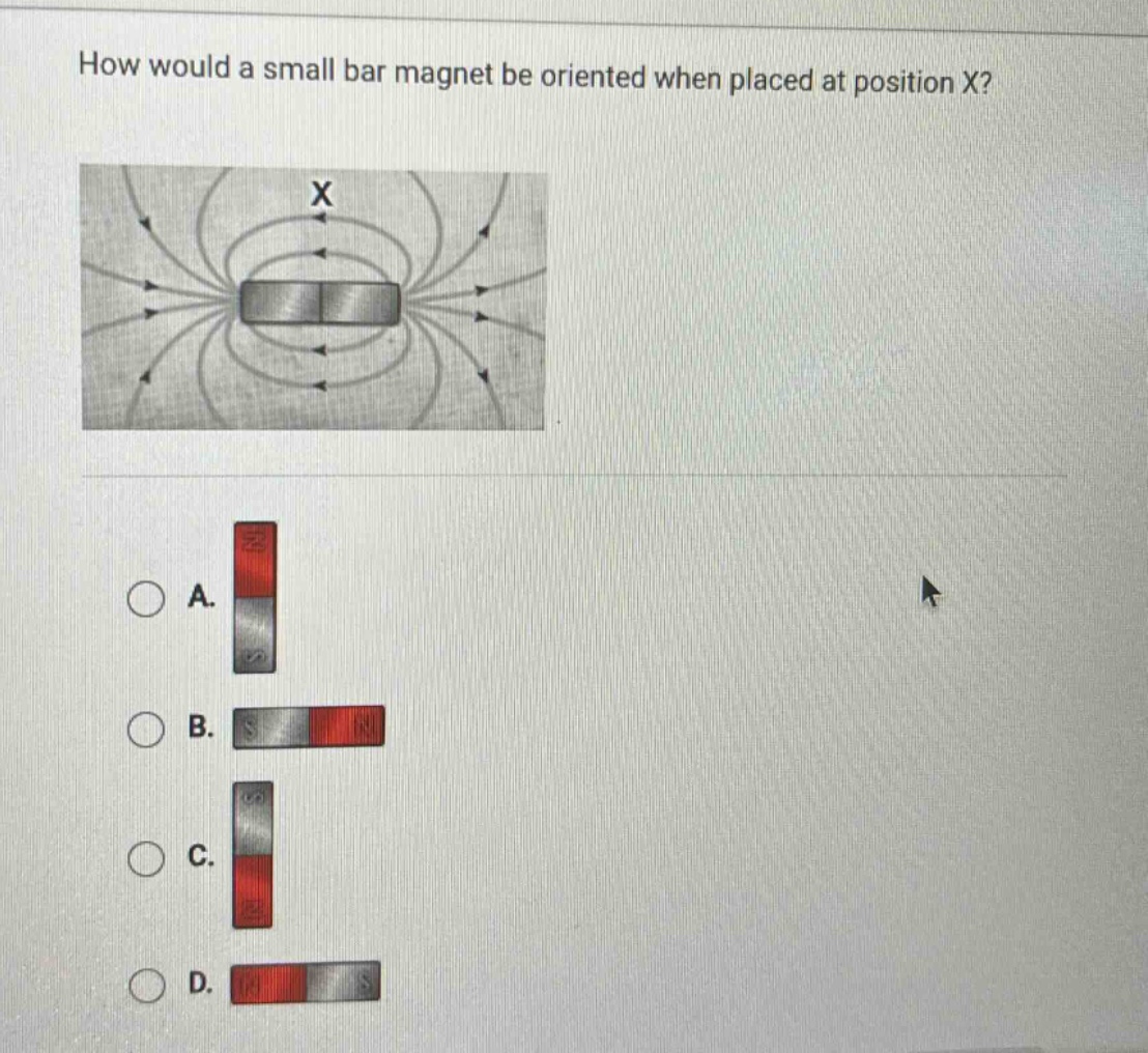 how would a small bar magnet be oriented when placed at position x?