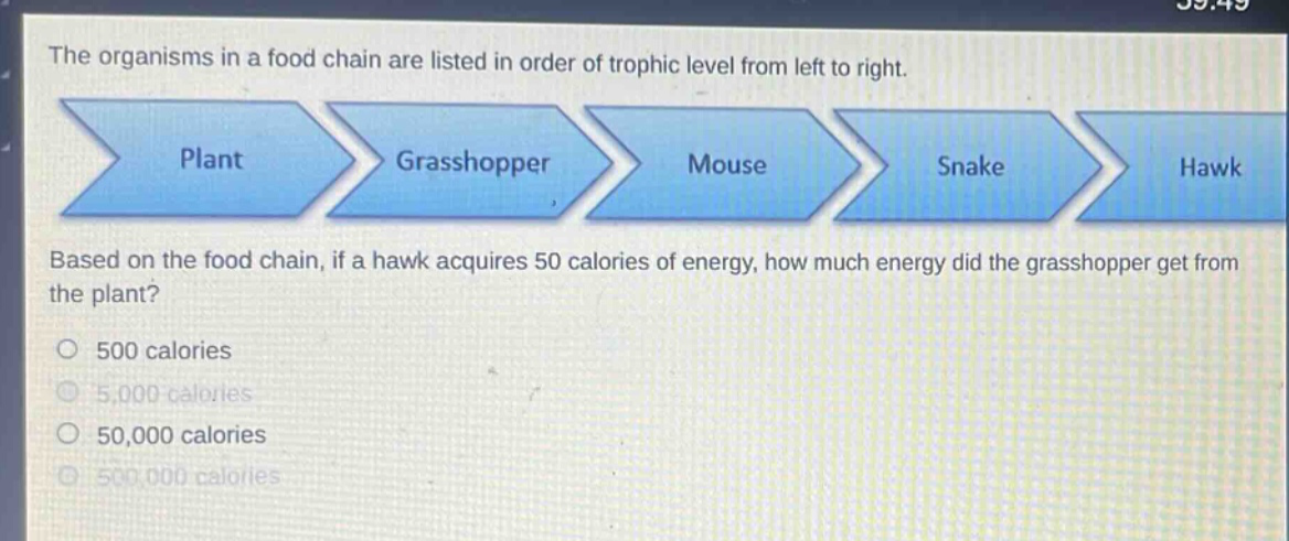 the organisms in a food chain are listed in order of trophic level from left to right. plant grasshopper mouse snake hawk based on the food chain, if a hawk acquires 50 calories of energy, how much energy did the grasshopper get from the plant? 500 calories 5,000 calories 50,000 calories 500,000 calories
