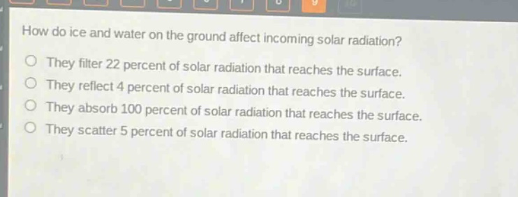 how do ice and water on the ground affect incoming solar radiation?\nthey filter 22 percent of solar radiation that reaches the surface.\nthey reflect 4 percent of solar radiation that reaches the surface.\nthey absorb 100 percent of solar radiation that reaches the surface.\nthey scatter 5 percent of solar radiation that reaches the surface.