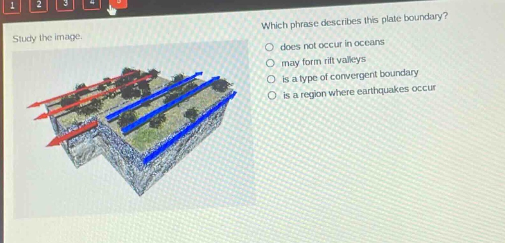 study the image. which phrase describes this plate boundary? does not occur in oceans may form rift valleys is a type of convergent boundary is a region where earthquakes occur
