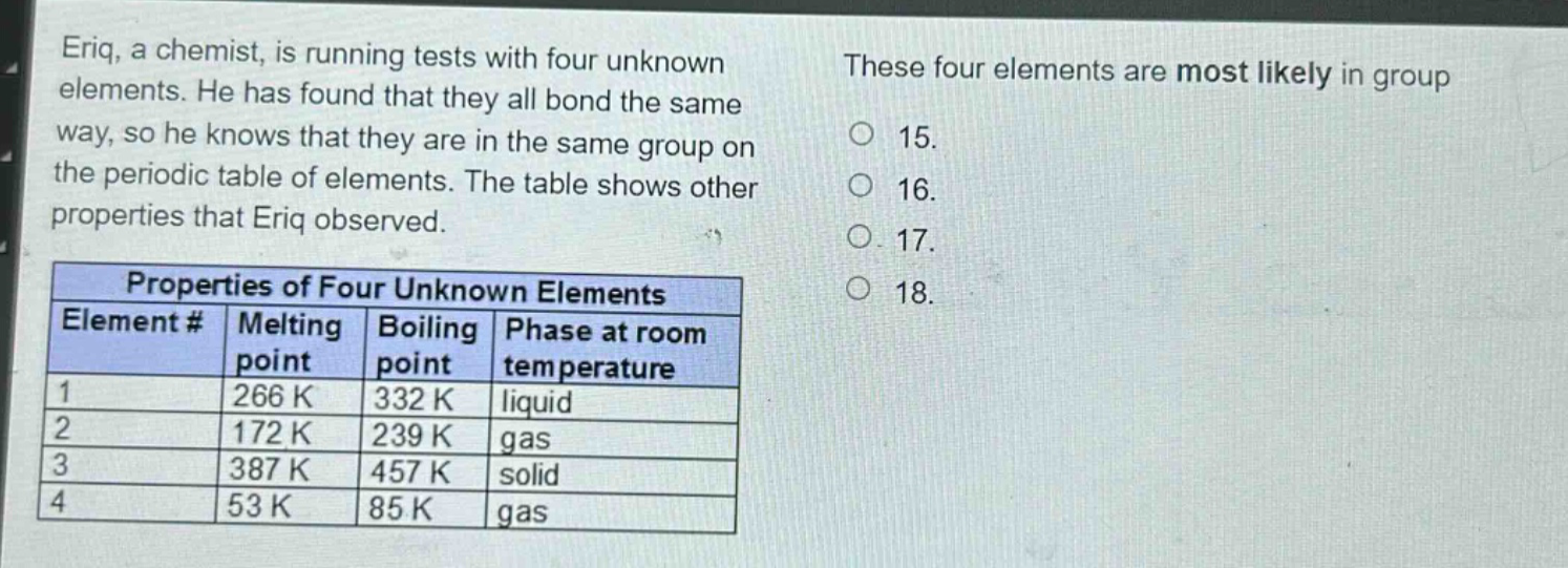eriq, a chemist, is running tests with four unknown elements. he has found that they all bond the same way, so he knows that they are in the same group on the periodic table of elements. the table shows other properties that eriq observed. properties of four unknown elements element # melting point boiling point phase at room temperature 1 266 k 332 k liquid 2 172 k 239 k gas 3 387 k 457 k solid 4 53 k 85 k gas these four elements are most likely in group 15. 16. 17. 18.