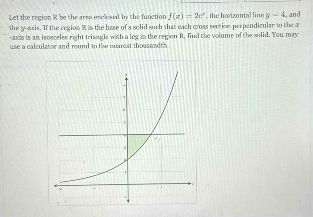 let the region r be the area enclosed by the function f(x)=2e^x, the horizontal line y = 4, and the y - axis. if the region r is the base of a solid such that each cross section perpendicular to the x - axis is an isosceles right triangle with a leg in the region r, find the volume of the solid. you may use a calculator and round to the nearest thousandth.