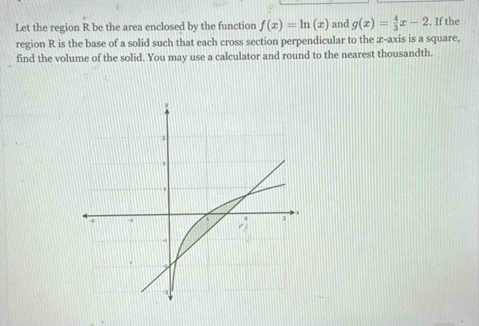 let the region r be the area enclosed by the function f(x)=ln(x) and g(x)=4/3x - 2. if the region r is the base of a solid such that each cross - section perpendicular to the x - axis is a square, find the volume of the solid. you may use a calculator and round to the nearest thousandth.