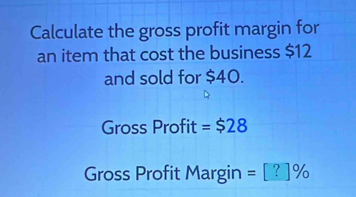 calculate the gross profit margin for an item that cost the business $12 and sold for $40. gross profit = $28 gross profit margin = ?%