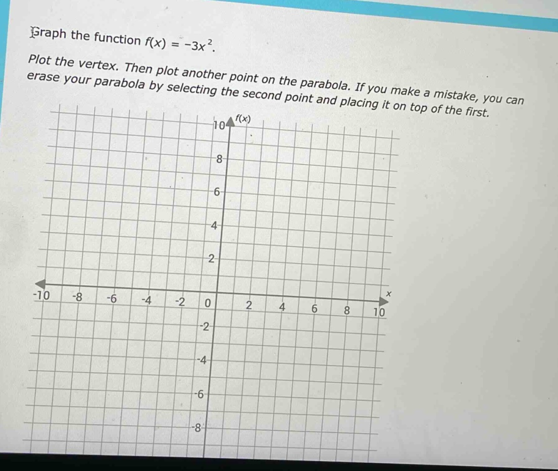 graph the function f(x) = -3x². plot the vertex. then plot another point on the parabola. if you make a mistake, you can erase your parabola by selecting the second point and placing it on top of the first.