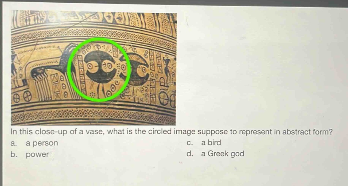 in this close - up of a vase, what is the circled image suppose to represent in abstract form? a. a person b. power c. a bird d. a greek god