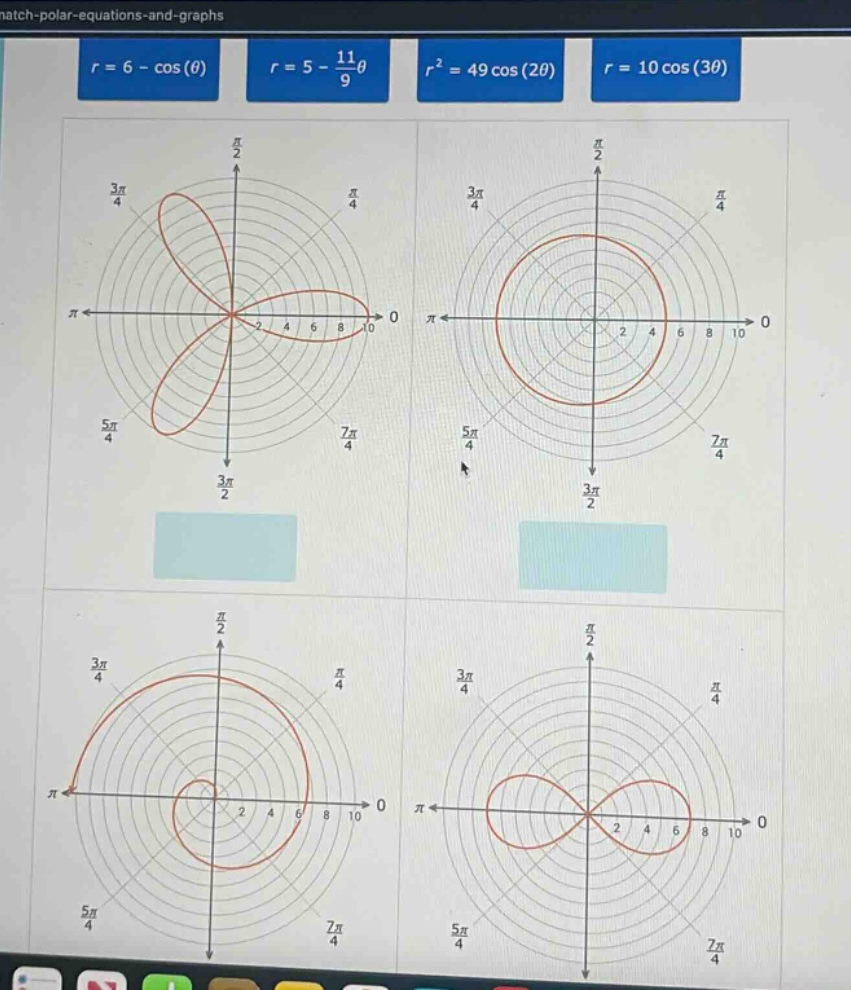 match - polar - equations - and - graphs\nr = 6 - cos(θ)\nr = 5 - 11/9θ\nr² = 49 cos(2θ)\nr = 10 cos(3θ)