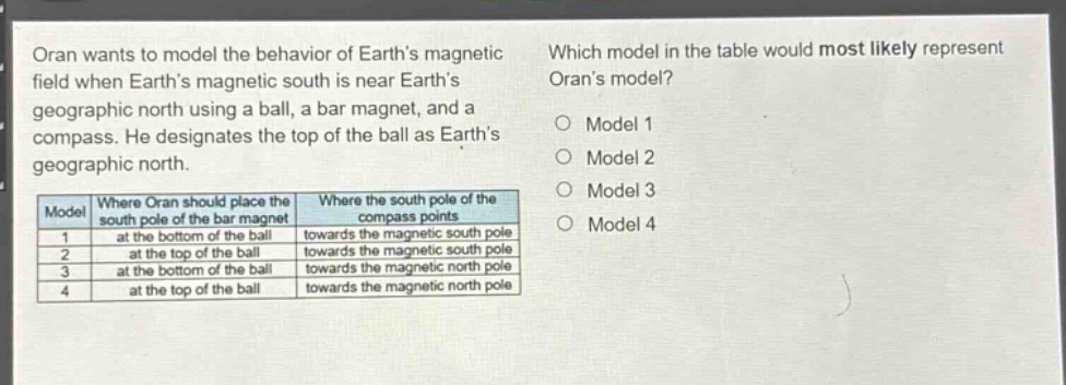 oran wants to model the behavior of earths magnetic field when earths magnetic south is near earths geographic north using a ball, a bar magnet, and a compass. he designates the top of the ball as earths geographic north. which model in the table would most likely represent orans model? model where oran should place the south pole of the bar magnet where the south pole of the compass points 1 at the bottom of the ball towards the magnetic south pole 2 at the top of the ball towards the magnetic south pole 3 at the bottom of the ball towards the magnetic north pole 4 at the top of the ball towards the magnetic north pole model 1 model 2 model 3 model 4