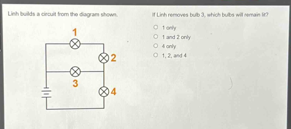 linh builds a circuit from the diagram shown. if linh removes bulb 3, which bulbs will remain lit? 1 only 1 and 2 only 4 only 1, 2, and 4