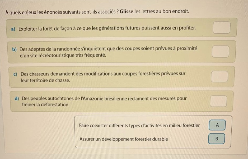 a quels enjeux les énoncés suivants sont - ils associés? glisse les lettres au bon endroit. a) exploiter la forêt de façon à ce que les générations futures puissent aussi en profiter. b) des adeptes de la randonnée sinquiètent que des coupes soient prévues à proximité dun site récréotouristique très fréquenté. c) des chasseurs demandent des modifications aux coupes forestières prévues sur leur territoire de chasse. d) des peuples autochtones de lamazone brésilienne réclament des mesures pour freiner la déforestation. faire coexister différents types dactivités en milieu forestier a assurer un développement forestier durable b