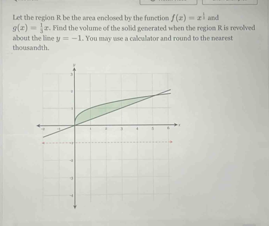 let the region r be the area enclosed by the function f(x)=x^(1/3) and g(x)=(1/3)x. find the volume of the solid generated when the region r is revolved about the line y = -1. you may use a calculator and round to the nearest thousandth.