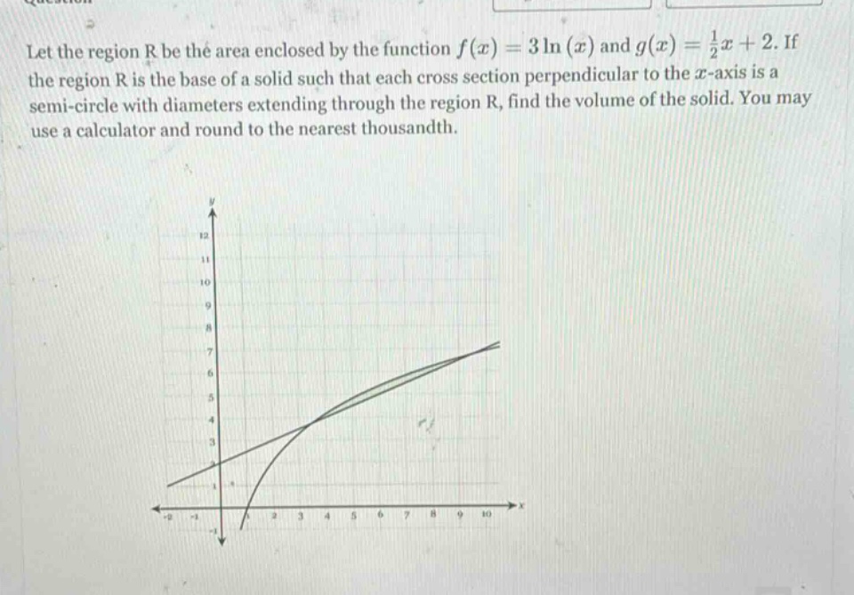 let the region r be the area enclosed by the function f(x)=3ln(x) and g(x)=1/2x + 2. if the region r is the base of a solid such that each cross - section perpendicular to the x - axis is a semi - circle with diameters extending through the region r, find the volume of the solid. you may use a calculator and round to the nearest thousandth.