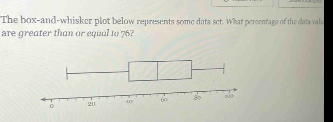 the box - and - whisker plot below represents some data set. what percentage of the data values are greater than or equal to 76?