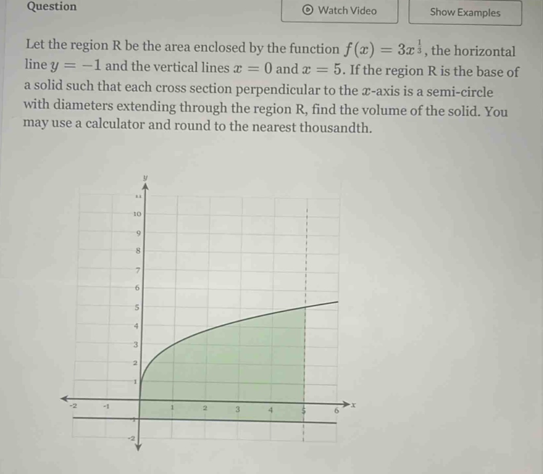 question let the region r be the area enclosed by the function f(x)=3x^(1/3), the horizontal line y = -1 and the vertical lines x = 0 and x = 5. if the region r is the base of a solid such that each cross - section perpendicular to the x - axis is a semi - circle with diameters extending through the region r, find the volume of the solid. you may use a calculator and round to the nearest thousandth.