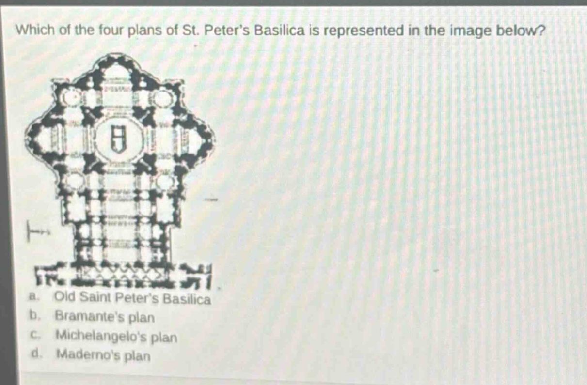 which of the four plans of st. peter’s basilica is represented in the image below? a. old saint peter’s basilica b. bramante’s plan c. michelangelo’s plan d. maderno’s plan