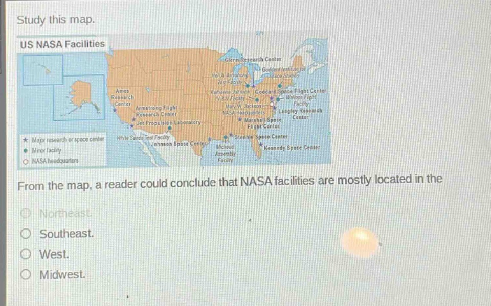 study this map. us nasa facilities from the map, a reader could conclude that nasa facilities are mostly located in the northeast. southeast. west. midwest.