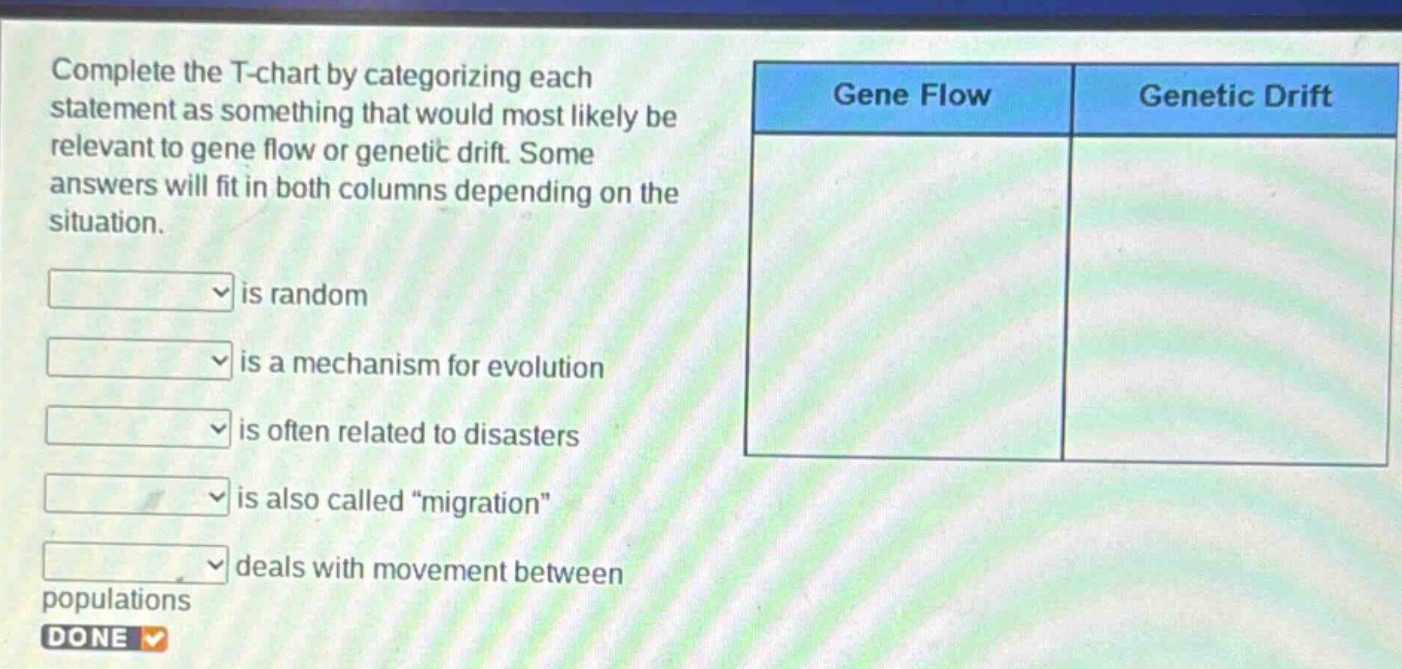 complete the t - chart by categorizing each statement as something that would most likely be relevant to gene flow or genetic drift. some answers will fit in both columns depending on the situation. is random is a mechanism for evolution is often related to disasters is also called \migration\ deals with movement between populations done