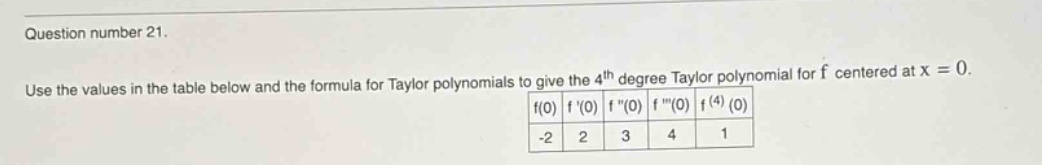 question number 21. use the values in the table below and the formula for taylor polynomials to give the 4th degree taylor polynomial for f centered at x = 0. f(0) f(0) f(0) f(0) f^(4)(0) -2 2 3 4 1