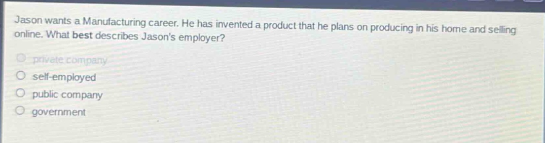 jason wants a manufacturing career. he has invented a product that he plans on producing in his home and selling online. what best describes jasons employer? private company self - employed public company government
