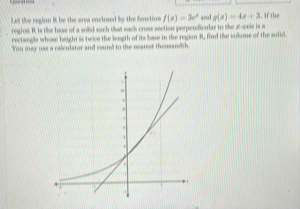 let the region r be the area enclosed by the function f(x) = 3e^x and g(x) = 4x + 3. if the region r is the base of a solid such that each cross - section perpendicular to the x - axis is a rectangle whose height is twice the length of its base in the region r, find the volume of the solid. you may use a calculator and round to the nearest thousandth.
