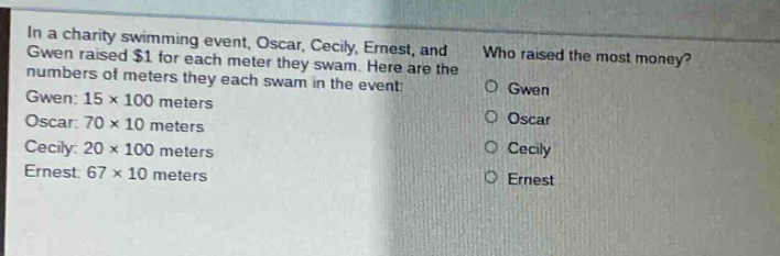 in a charity swimming event, oscar, cecily, ernest, and gwen raised $1 for each meter they swam. here are the numbers of meters they each swam in the event: gwen: 15 x 100 meters oscar: 70 x 10 meters cecily: 20 x 100 meters ernest: 67 x 10 meters who raised the most money? gwen oscar cecily ernest