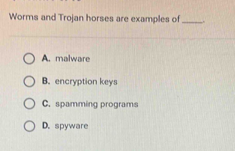 worms and trojan horses are examples of _____.\na. malware\nb. encryption keys\nc. spamming programs\nd. spyware