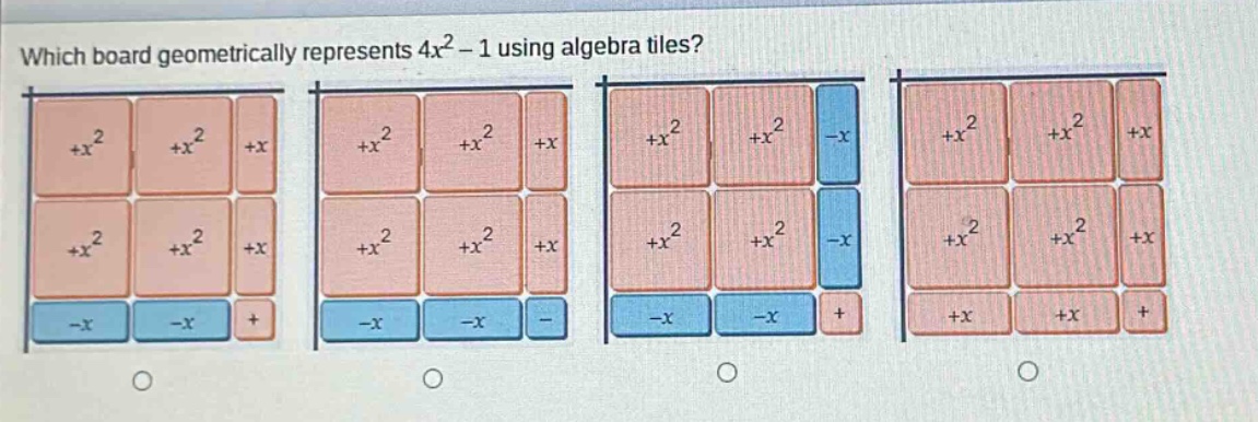 which board geometrically represents 4x² - 1 using algebra tiles?