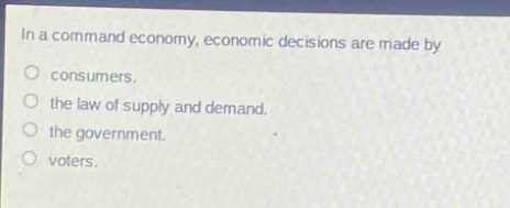 in a command economy, economic decisions are made by\no consumers.\no the law of supply and demand.\no the government.\no voters.
