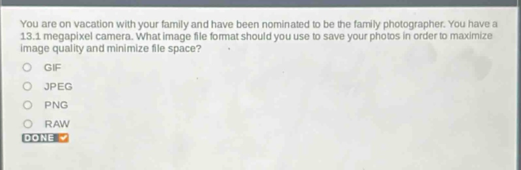 you are on vacation with your family and have been nominated to be the family photographer. you have a 13.1 megapixel camera. what image file format should you use to save your photos in order to maximize image quality and minimize file space? gif jpeg png raw done