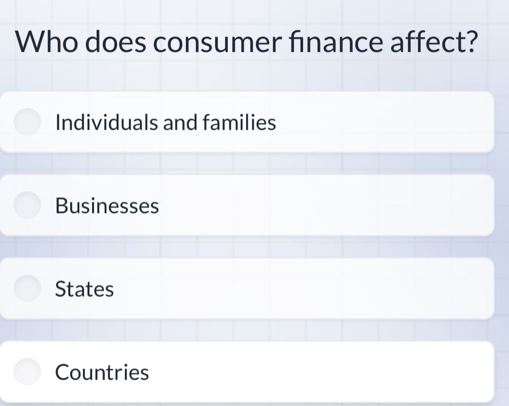 who does consumer finance affect? individuals and families businesses states countries