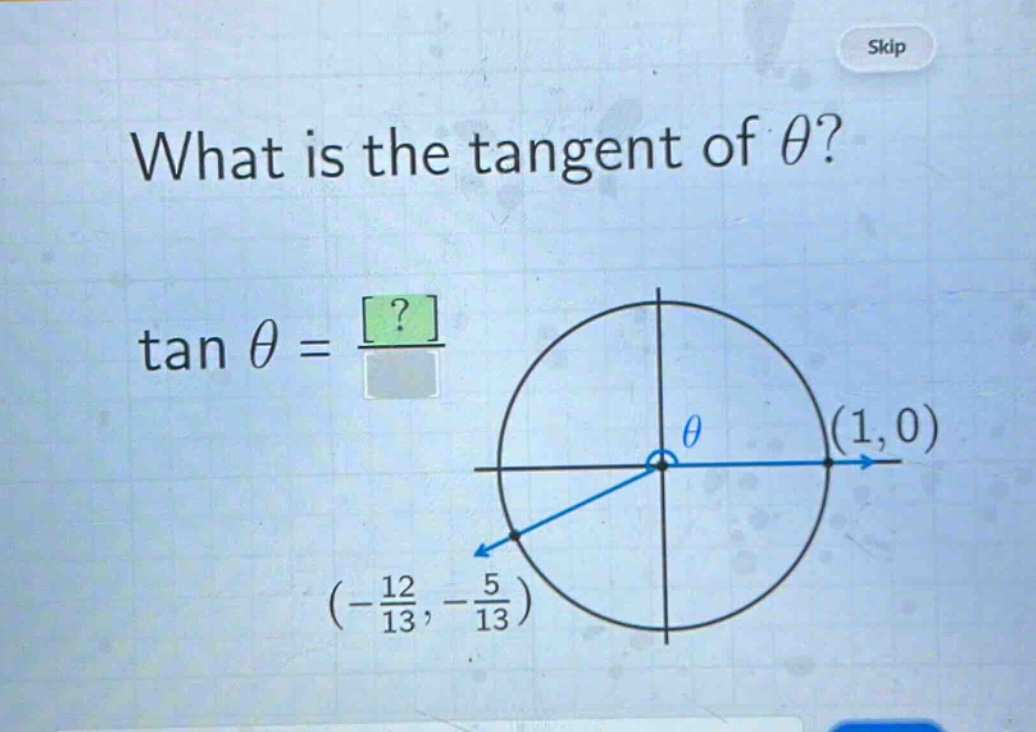 what is the tangent of θ? tan θ = ? (1, 0) (-12/13, -5/13)
