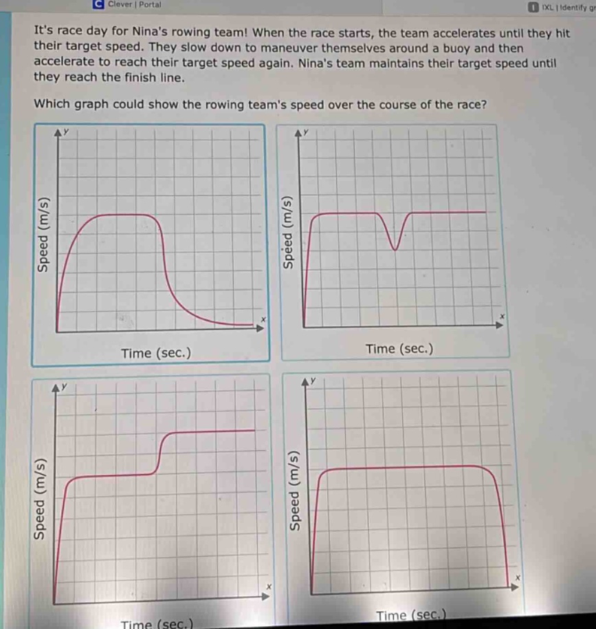 its race day for ninas rowing team! when the race starts, the team accelerates until they hit their target speed. they slow down to maneuver themselves around a buoy and then accelerate to reach their target speed again. ninas team maintains their target speed until they reach the finish line. which graph could show the rowing teams speed over the course of the race? speed (m/s) time (sec.) speed (m/s) time (sec.) speed (m/s) time (sec.) speed (m/s) time (sec.)