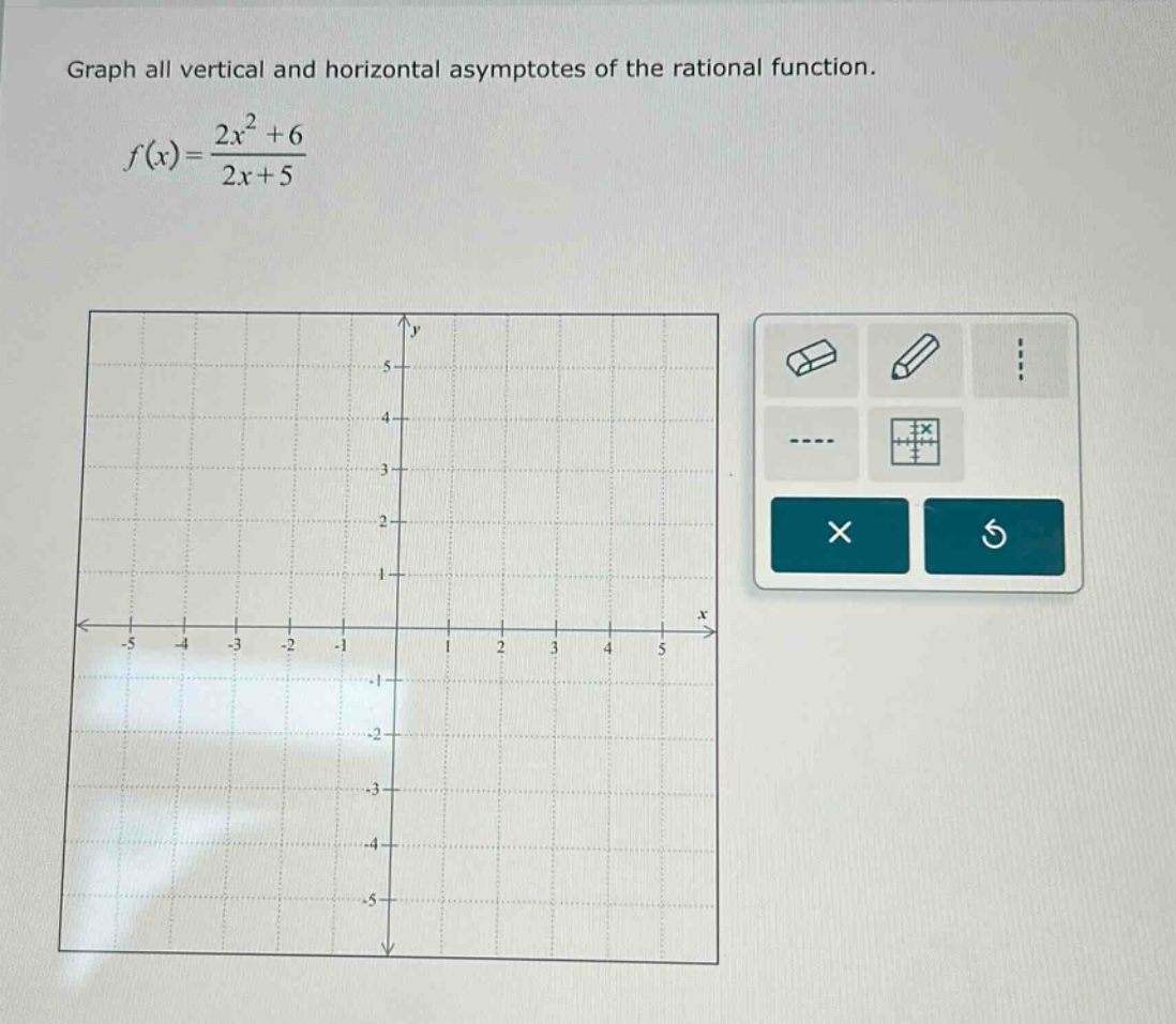 graph all vertical and horizontal asymptotes of the rational function. f(x)=2x² + 6 / 2x + 5