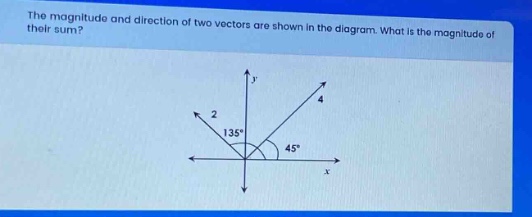 the magnitude and direction of two vectors are shown in the diagram. what is the magnitude of their sum?