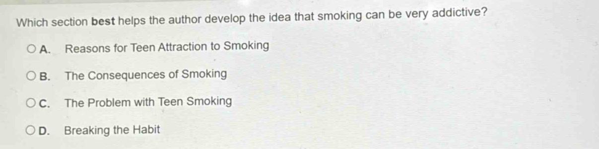 which section best helps the author develop the idea that smoking can be very addictive?\no a. reasons for teen attraction to smoking\no b. the consequences of smoking\no c. the problem with teen smoking\no d. breaking the habit