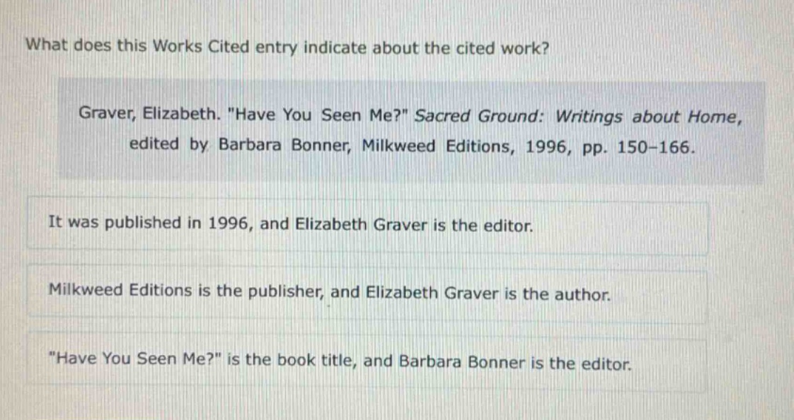 what does this works cited entry indicate about the cited work? graver, elizabeth. \have you seen me?\ sacred ground: writings about home, edited by barbara bonner, milkweed editions, 1996, pp. 150-166. it was published in 1996, and elizabeth graver is the editor. milkweed editions is the publisher, and elizabeth graver is the author. \have you seen me?\ is the book title, and barbara bonner is the editor.