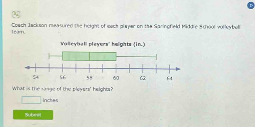 coach jackson measured the height of each player on the springfield middle school volleyball team. volleyball players heights (in.) what is the range of the players heights? inches