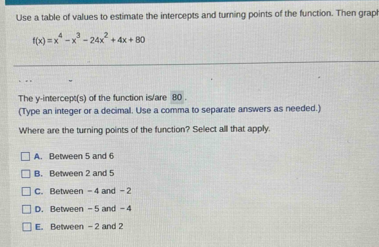 use a table of values to estimate the intercepts and turning points of the function. then graph f(x)=x^4 - x^3 - 24x^2 + 4x + 80\nthe y - intercept(s) of the function is/are 80. (type an integer or a decimal. use a comma to separate answers as needed.)\nwhere are the turning points of the function? select all that apply.\na. between 5 and 6\nb. between 2 and 5\nc. between - 4 and - 2\nd. between - 5 and - 4\ne. between - 2 and 2