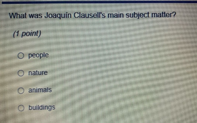 what was joaquin clausells main subject matter? (1 point) people nature animals buildings