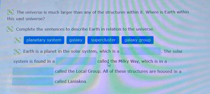 the universe is much larger than any of the structures within it. where is earth within this vast universe? complete the sentences to describe earth in relation to the universe. planetary system galaxy supercluster galaxy group earth is a planet in the solar system, which is a. the solar system is found in a called the milky way, which is in a called the local group. all of these structures are housed in a called laniakea.