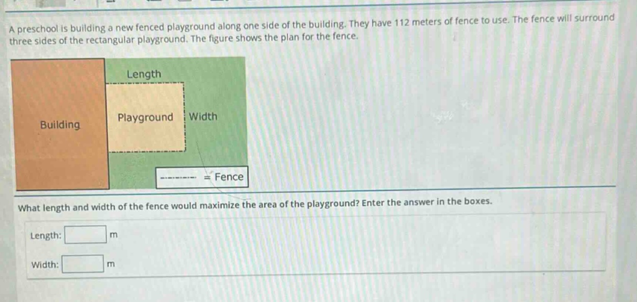 a preschool is building a new fenced playground along one side of the building. they have 112 meters of fence to use. the fence will surround three sides of the rectangular playground. the figure shows the plan for the fence. what length and width of the fence would maximize the area of the playground? enter the answer in the boxes. length: m width: m