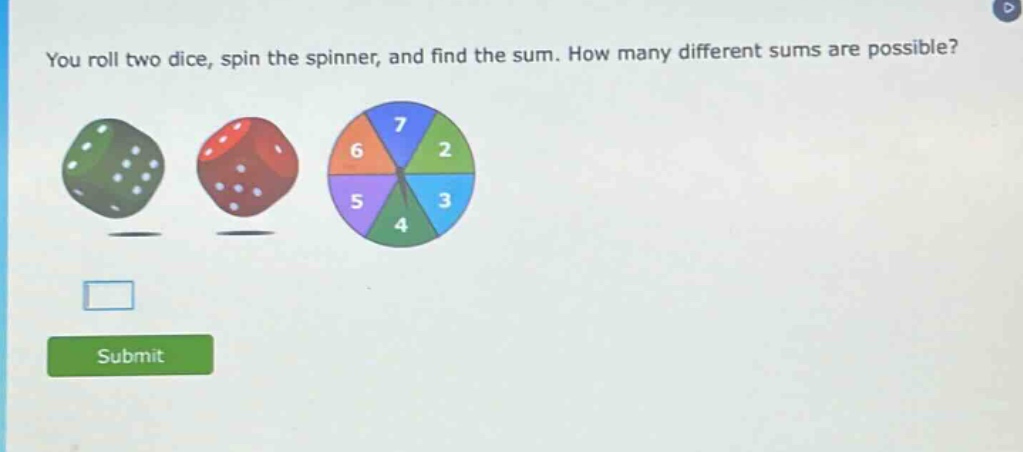 you roll two dice, spin the spinner, and find the sum. how many different sums are possible?