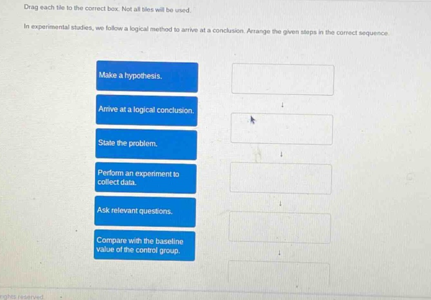 drag each tile to the correct box. not all tiles will be used. in experimental studies, we follow a logical method to arrive at a conclusion. arrange the given steps in the correct sequence. make a hypothesis. arrive at a logical conclusion. state the problem. perform an experiment to collect data. ask relevant questions. compare with the baseline value of the control group.