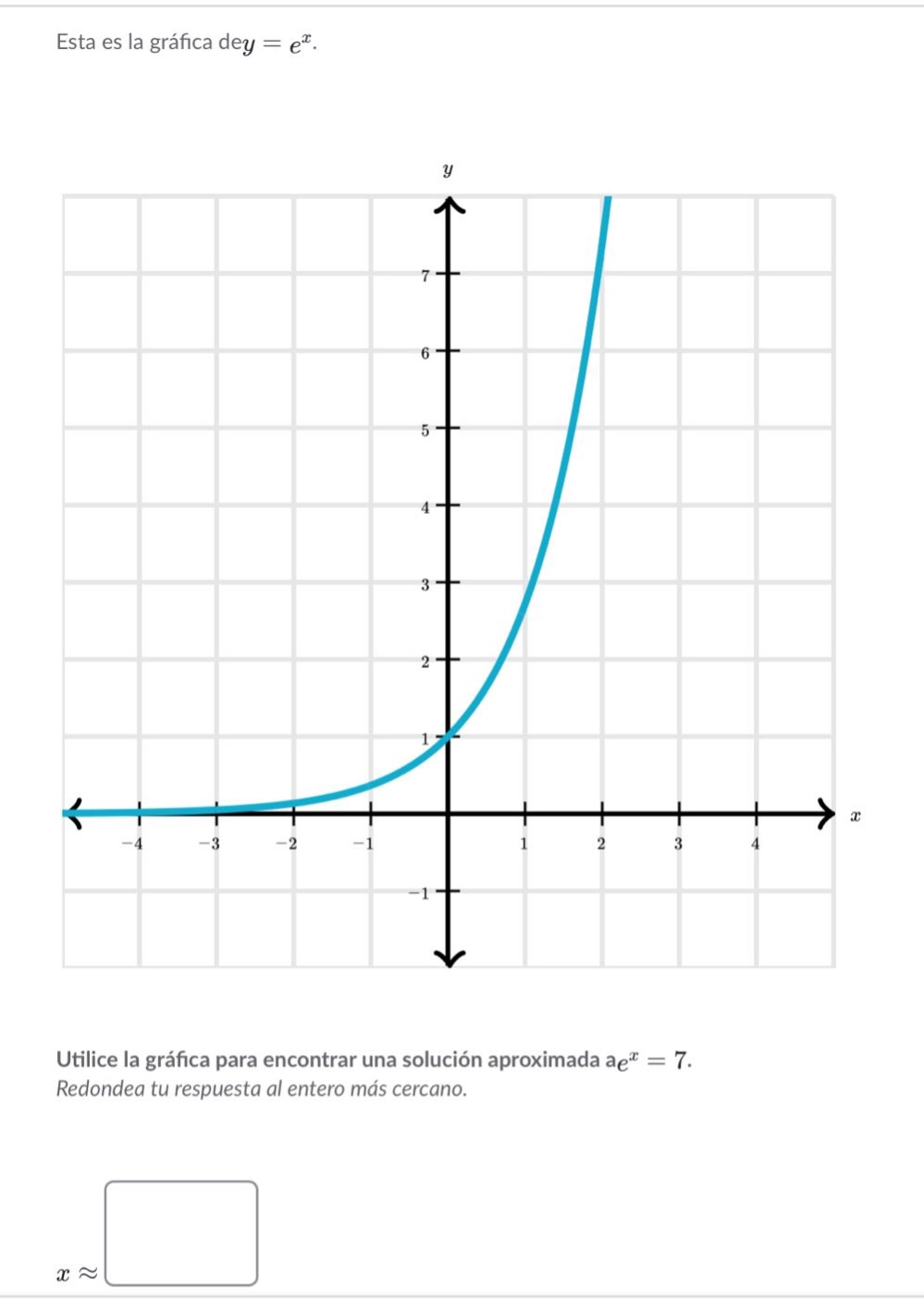 esta es la gráfica de y = e^x. utilice la gráfica para encontrar una solución aproximada a e^x = 7. redondea tu respuesta al entero más cercano. x ≈